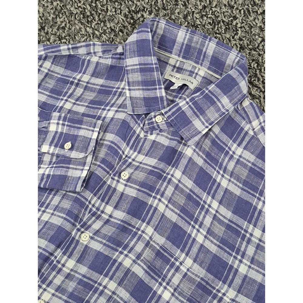 Peter Millar Long Sleeve Button Up Mens Large Linen Blue Plaid Shirt